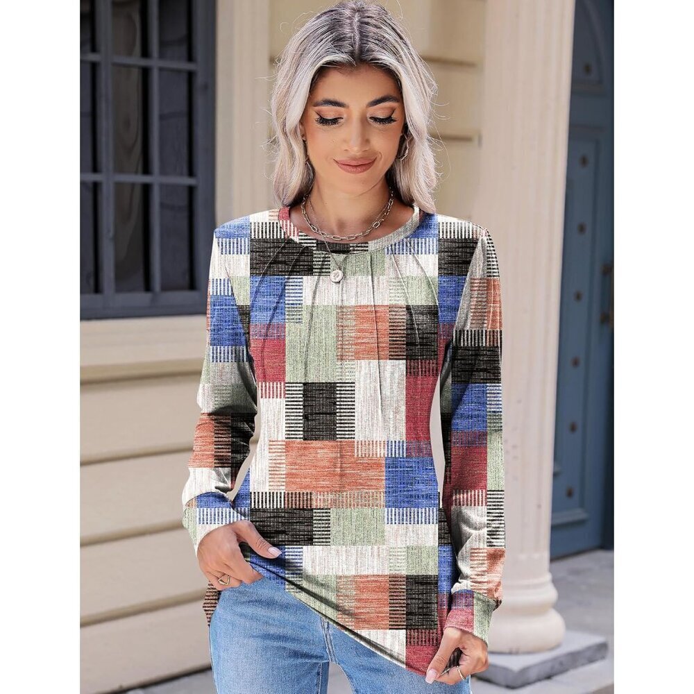 Women's Long Sleeve Tops Crew Neck Pleated Casual Blouses Fall Clothes - Picture 4 of 5
